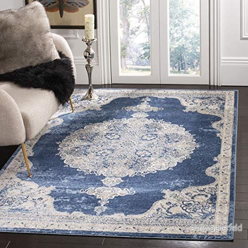 Safavieh Traditionell inomhus vävd rektangel områdesmatta, Brentwood kollektion, BNT860, i marinblå/ljusgrå, 122 x 183 cm för vardagsrum, sovrum eller alla inomhusutrymmen 889048626768