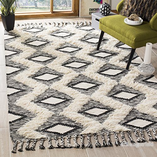 Safavieh Aurelia texturerad tofsad skålmatta, handknuten ull och bomullsmatta i svart/elfenben, 121 x 182 cm 889048577275