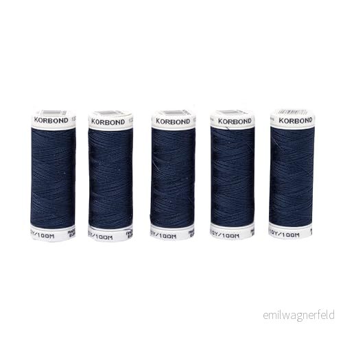 Korbond 500 m marinblå polyester 5 x 100 rullar gänga för hand symaskiner — ingen krympning idealisk lagning, skräddarsydd, quiltning, hantverk, reparationer och utsmyckning 5027439108768