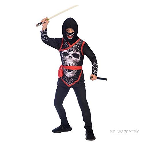 amscan 9905055 svart dödskalle ninja kostym med läskiga tänder mask ålder 8 10 år 1 st, flerfärgad 192937075890