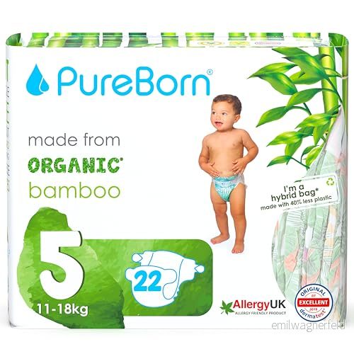 PureBorn Ekologiska Blöjor av Bambu, Storlek 5 (11 18 kg), 22 stycken, Allergivänliga, Ultramjuk, Våtindikator, Olika Tryck 6294016059327