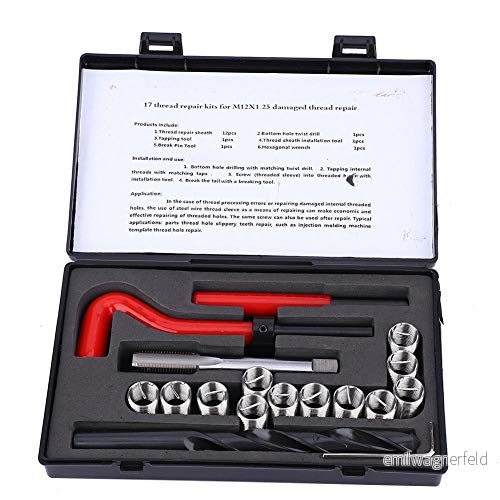 17 delar gängreparationssats, metrisk M12x1,25 mm gängreparationsbitssats i rostfritt stål Twist Drill Insexnyckel Kranar Skadad gängreparation Handverktyg 738583344098