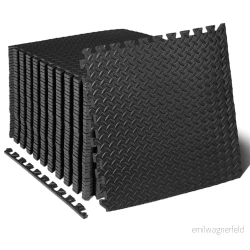 ProsourceFit Träningspusselmatta 12 mm, 13,4 kvm, 36 plattor, EVA skum, sammankopplade skyddande och golvkudde för gymutrustning, träning lekplats, svart 810244024263