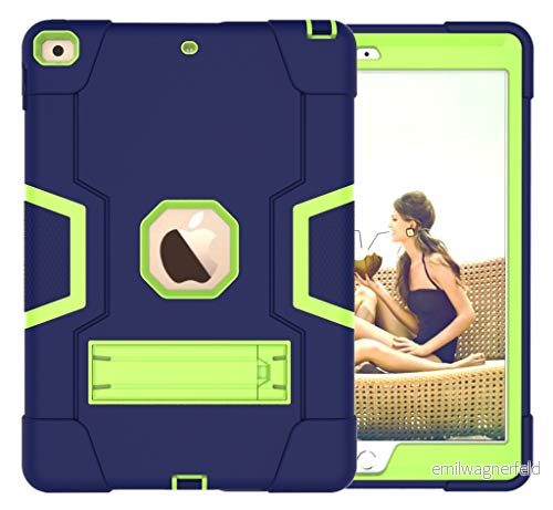 iPad Air/iPad5 generationen fodral med stativ, hållbar tung stöttålig säker hård hybrid tre lager skyddande skydd surfplatta silikonfodral (marinblå + grön 755985093331
