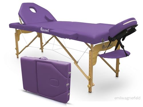 QUIRUMED Elite hopfällbart massagebord i trä, lila färg, 194 x 70 cm, konstläder, bärbart, ryggstöd, avtagbart huvud, ansiktshål, justerbar höjd, upp till 150 kg 8435270790108