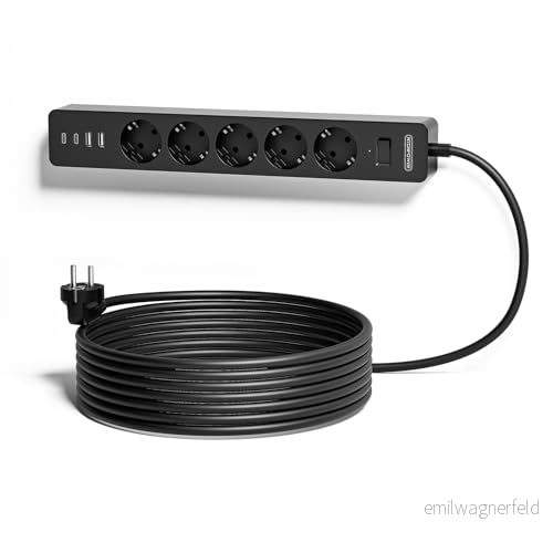 5 vägs grenuttag, 3 m med USB, NTONPOWER flera uttag, överspänningsskydd, väggmontering, använd lim, lång förlängningskabel barnsäkring, svart, flerdelad 6954301173892