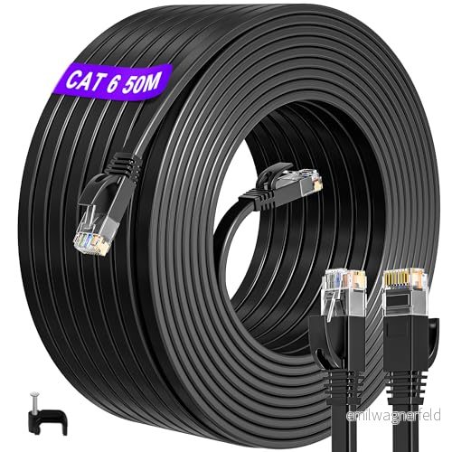 50 m/164 ft platt Ethernet kabel, CAT.6 m nätverkskabel (RJ45) hög hastighet 10/100/1000 Mbit/s patchkabel UTP kompatibel med CAT.5 / CAT.5e/CAT.7 759185350638