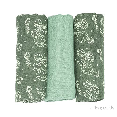 Trois Kilos Sept Set med 3 babyspråk Oeko tex certifierad 70 x cm mönster gröna blad 3760108720169