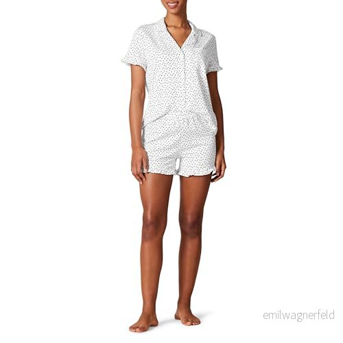 Amazon Essentials kvinnors bomull modal passpoal krage pyjamas set (finns i plusstorlek), Tryck med vita prickar, M 195111706269