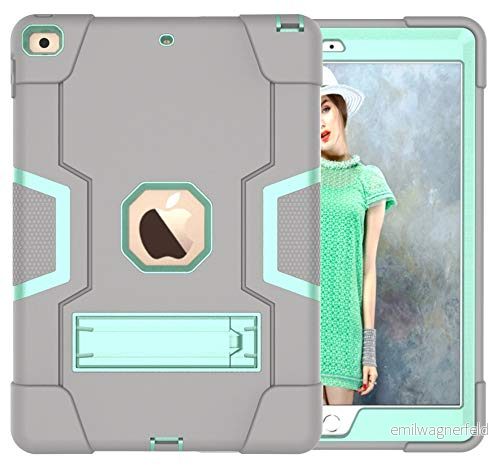 iPad mini4/5 generation fodral med stativ, hållbar högpresterande chockhärdning hård hybrid tre lager skyddande surfplatta silikon (grå + aqua 755985094741