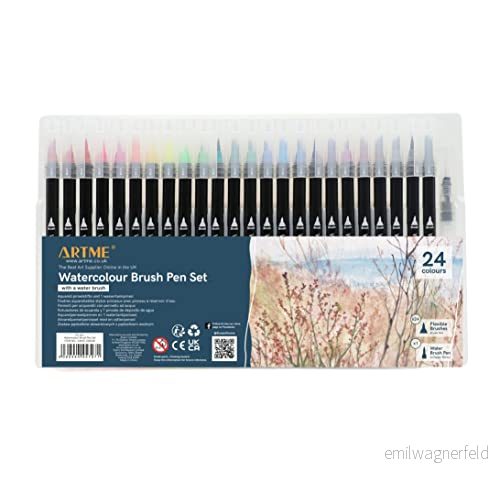 ARTME Akvarell Penselpennor 24 färger Filtpenna Konsttillbehör för böcker Gör det själv skiss Bullet Lettering Journal Kalligrafimålning, med 1 återanvändbar vattenpensel 5060444457971