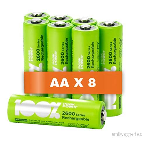 100% PeakPower Laddningsbara AA batteri 8 pack NiMH 1.2V LR06 Förladdade, högpresterande batterier med hög kapacitet 4891199196126