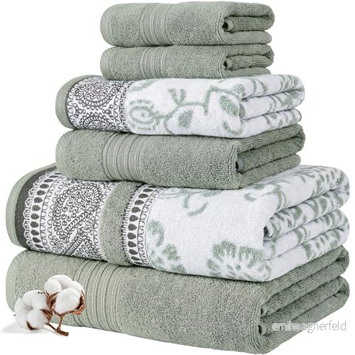 Modern Threads 6 delat handduksset, 2 x badhanddukar, handdukar, tvättlappar, garnfärgad jacquard/enfärgad handduk, Ofelia mörk salvia 645470282107