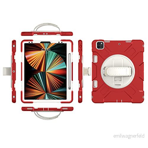 iPad Pro11 2018/2020/2021 generationen fodral med skärmskydd pennhållare kickstand handrem 360 vridbar handledsrem stativ hållbart skyddsfodral (röd) 755985091238