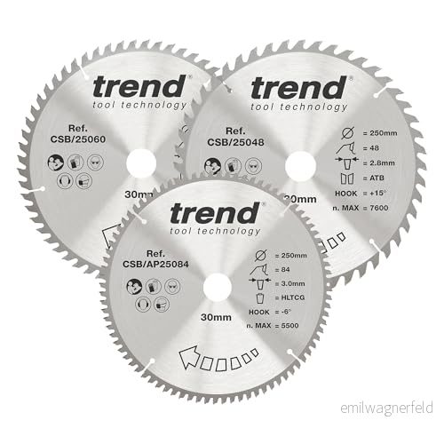 Trend CraftPro Trippelpaket med TCT cirkelsågblad, 250 mm diameter x 48, 60 och 84 tänder 30 borrning, hårdmetallspetsar, CSB/250/3PK, förpackning 3 stycken 5027654062609