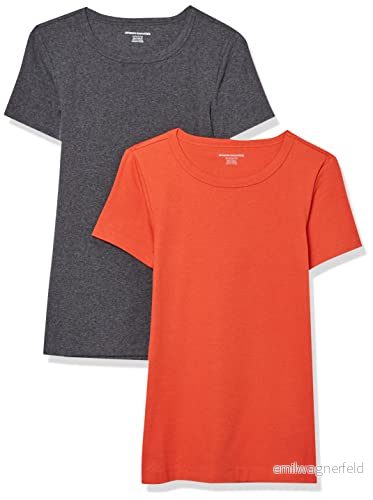 Amazon Essentials Women's Kortärmad T shirt med rund hals smal passform, Pack of 2, Kolsvart ljung/Tomatröd, L 196433135836