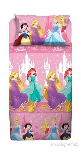 Princess Set med mellanstor säng, Disney, överlakan, påslakan hörn, örngott, rosa, 100% bomull, officiell produkt 8300252074579
