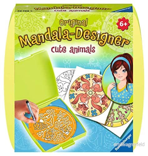 Ravensburger mandala Designer Mini söta djur 29766, lär sig att rita för barn från 6 år, kreativt teckenset med mall färgglada mandalas 4005556297665