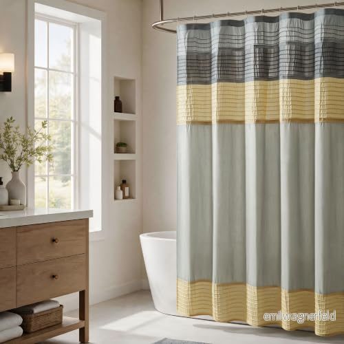 Madison Park Amherst Duschdraperi för badrum, i konstsilke med sydda ränder modern stil, mikrofibermaterial, 183 x cm, gul 675716725426