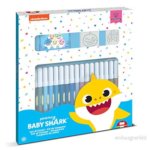 Multiprint Set med 2 Barnfrimärken och 18 färgade Baby Shark Markörer, tillverkade i Italien, barnstämpelset, trä naturgummi, giftfritt tvättbart bläck, presentidé, Art.86995 8009233869950