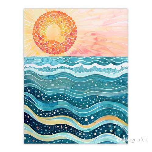 Artery8 Sun Rising Over Sea Waves Blue Orange Folk Art Living Room Large Wall Poster Print Thick Paper 18X24 Inch 5063315927030