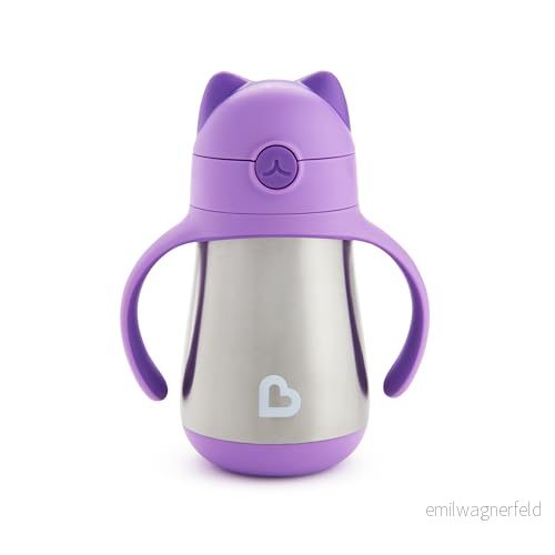 Munchkin Stainless Steel Straw Cup, Cool Cat Design, Insulated Double Walled Beaker for Kids, Toddler Sippy Cup Babies 18+ Months, Drinking Bottle with Straw, Hot/Cold Drinks Purple (8oz/237ml) 5019090519243