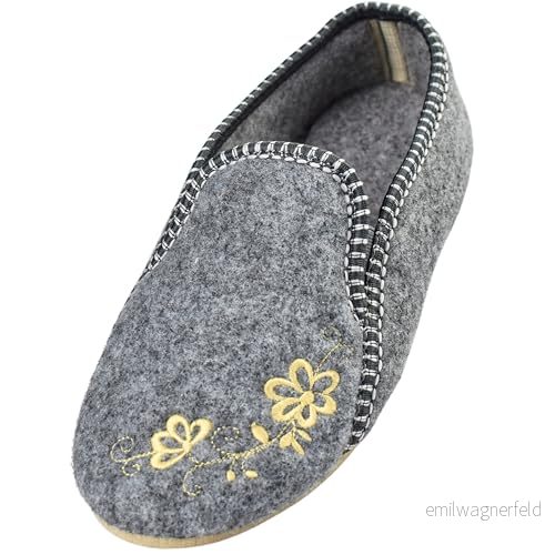 APREGGIO Damtofflor av filt och ull varma tofflor gummisula storlekar 3641 EU, Broderad grus, 41 EU 5906068803292