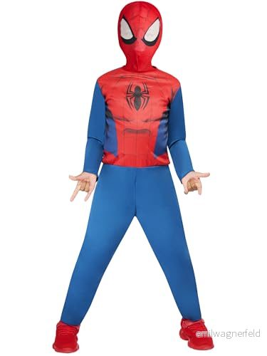 RUBIES SPIDER MAN Officiell Marvel barndräkt, röd och blå, storlek 78 år. Kostym med jumpsuit balaklava, kardborreband för födelsedag, karneval 3527079055344