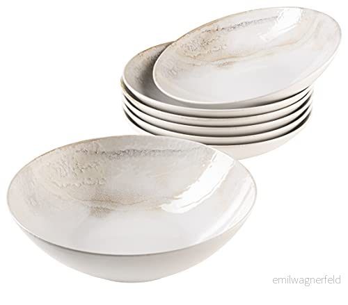 MÄSER 931948 Ossia Wooden Light, 7 delat set av keramik, 1 salladsskål stor och 6 skålar för sallad, müsli, soppa eller pasta, vit dekorerad, stengods 9001794849142