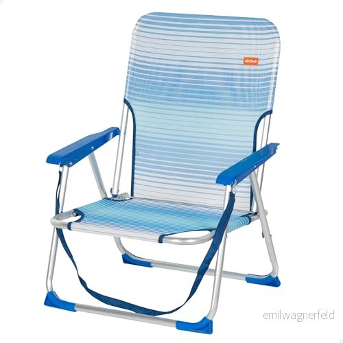 AKTIVE Hopfällbar strandstol, blå ränder, 44 x 35 72 cm, med anti-rullstopp, axelhandtag, stöd 110 kg, låg sits, aluminiumstruktur, textiltyg, plast armstöd (62670) 8412842626706