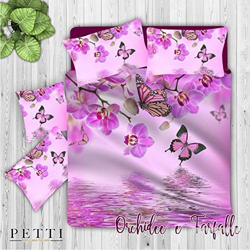 PETTI Artigiani Italiani Påslakanset för dubbelsäng, satin, 100% tillverkad i Italien, orkidéer och fjärilar (200 x 200 cm) 8766397581653